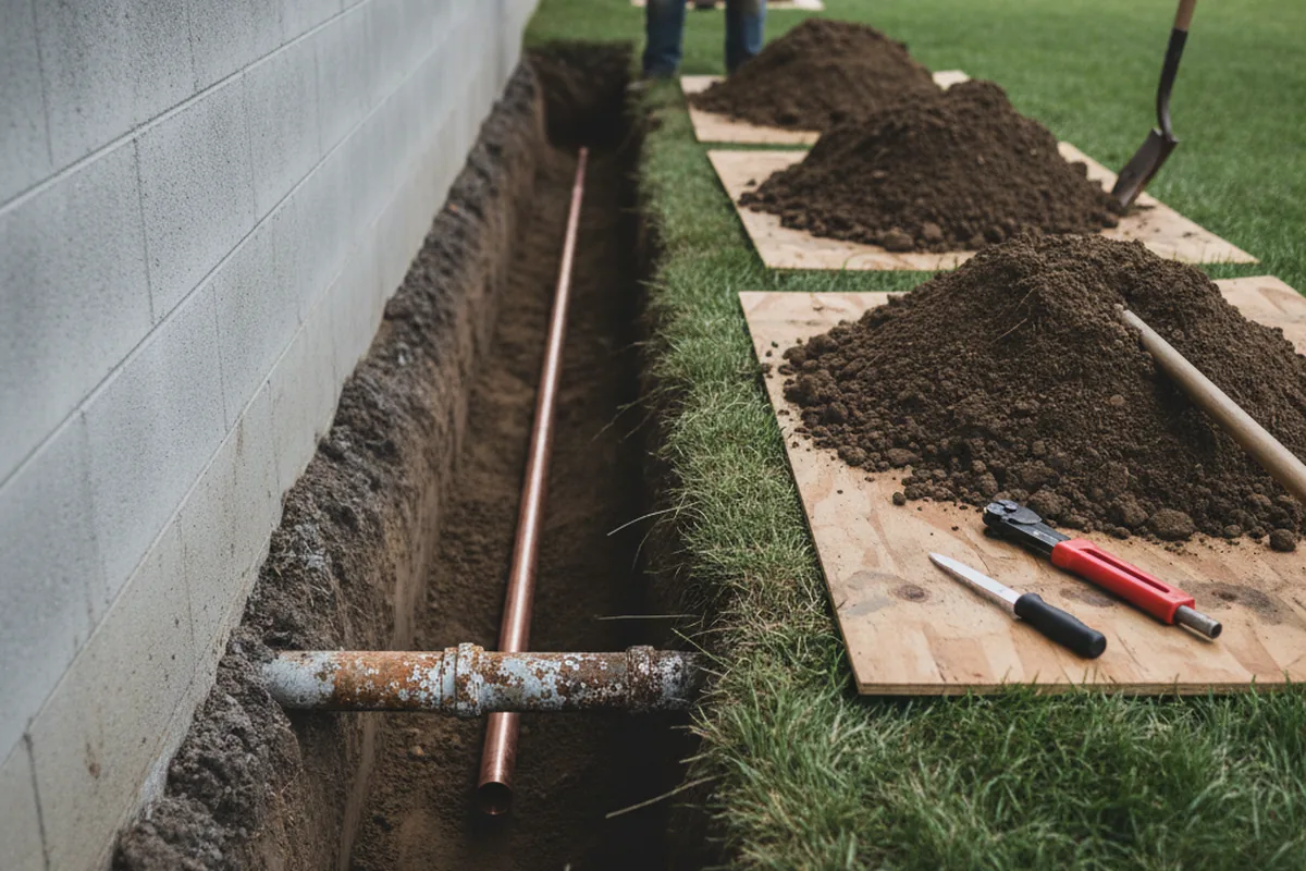 Excavated water line trench during Water Softener Installation in Superior
